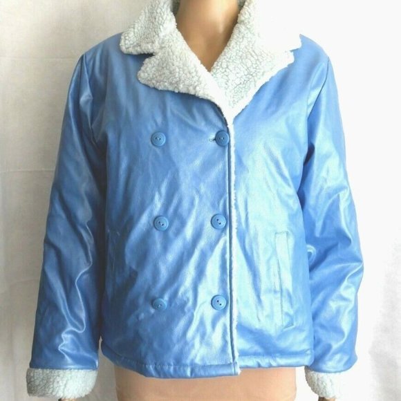 Mid 90s Vintage Blue PVC Faux Shearling Trim Jacket Camp Beverly Hills Womens L - Picture 1 of 12